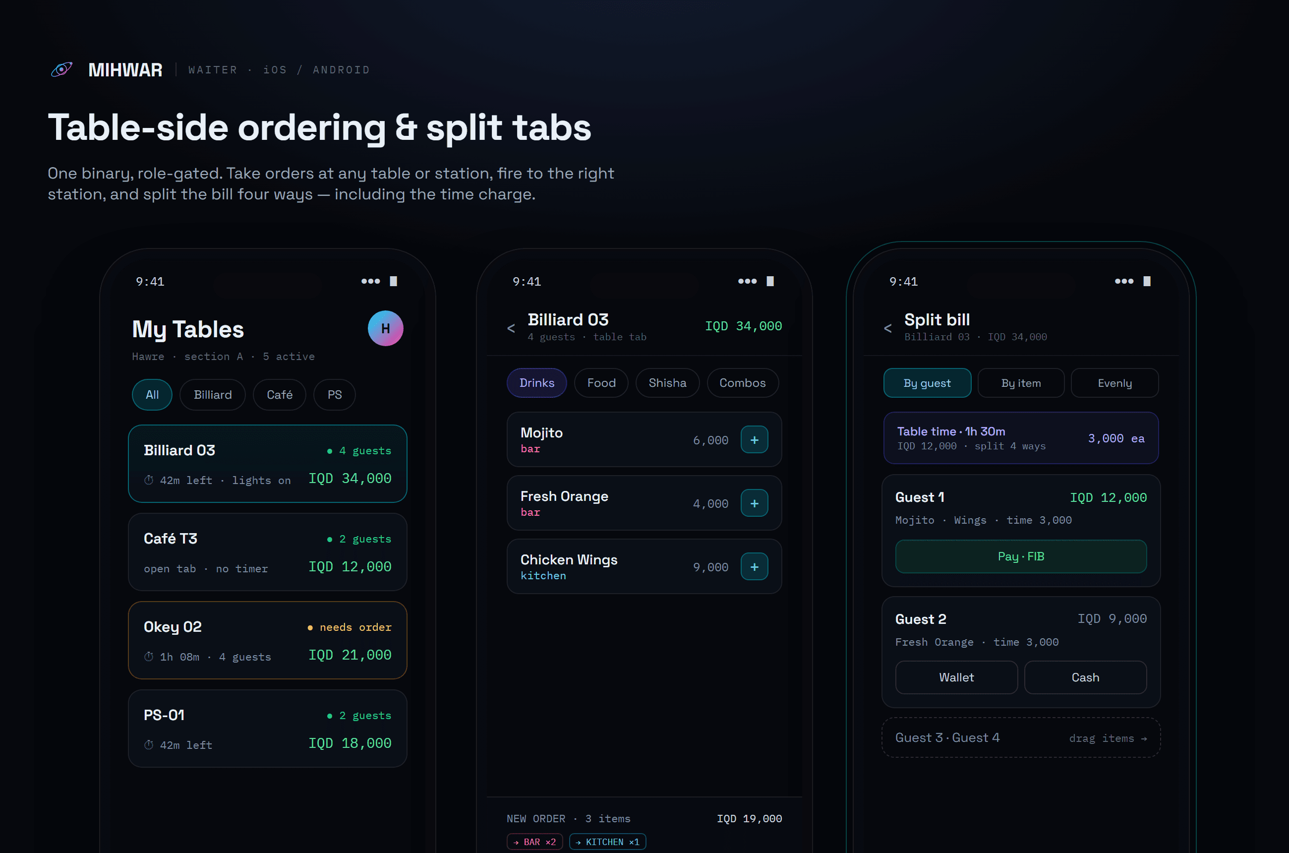 Mihwar waiter app — split tabs